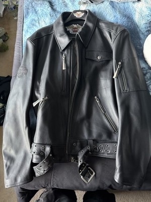 Harley-Davidson Black Leather Belted Jacket Embossed Eagle Back Logo