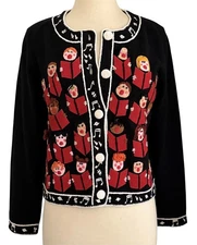 Vtg MICHAEL SIMON Christmas Carolers Chorus Black Multi Cardigan Sweater M 1998