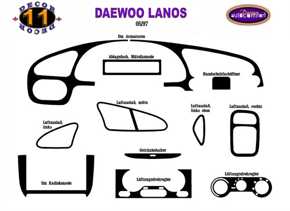 Interior Dash Trim Cover Set for Daewoo Lanos 1997-Up 11 PCS Piano Black Look - Изображение 2 из 4