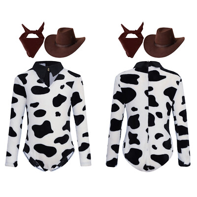 US Girls Boys Long Sleeve Cow Pattern Jumpsuit with Cowboy Hat for Halloween 