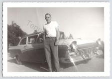 Photo Man Posing With His 1957 Ford Custom 300 Black And White