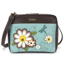 NEW CHALA BLUE DAISY FLOWER DRAGONFLY COMPANION ORGANIZER CROSSBODY FAUX LEATHER