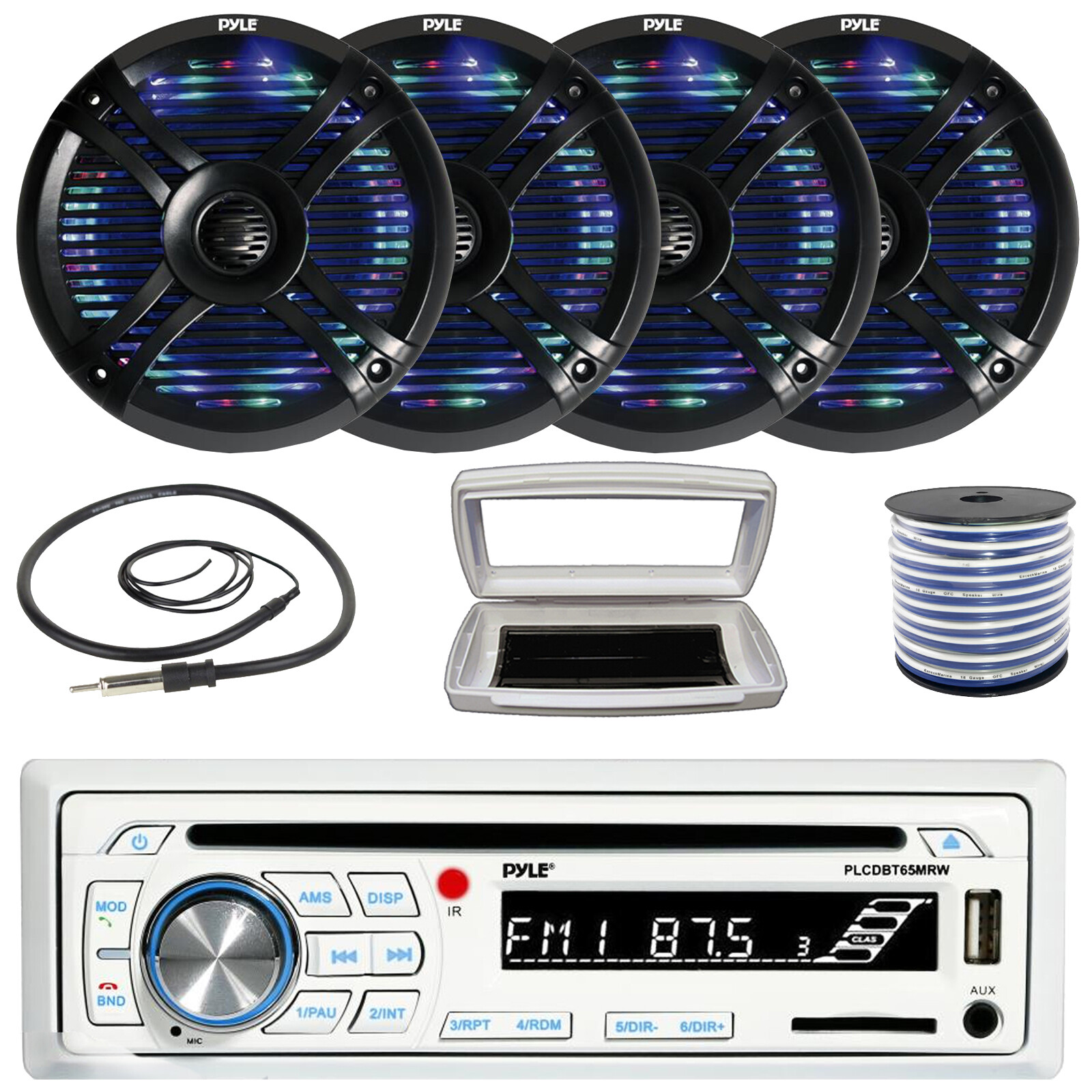 Pyle 1-DIN Bluetooth Marine CD Receiver W/Cover, 4x 6.5" 250W Max Dual Speakers