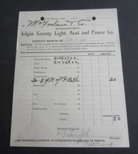 1902 - GILPIN County Light Heat Power Co. - Billhead Document - BLACK HAWK COLO.