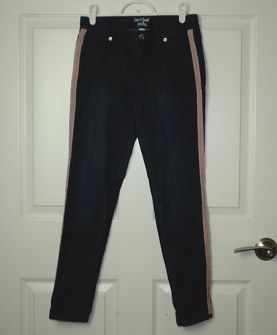 Jeans Fille Cat & Jack Taille 12 - Lavage Foncé, Rayures Roses Et Perles, Occasion Très Bon état