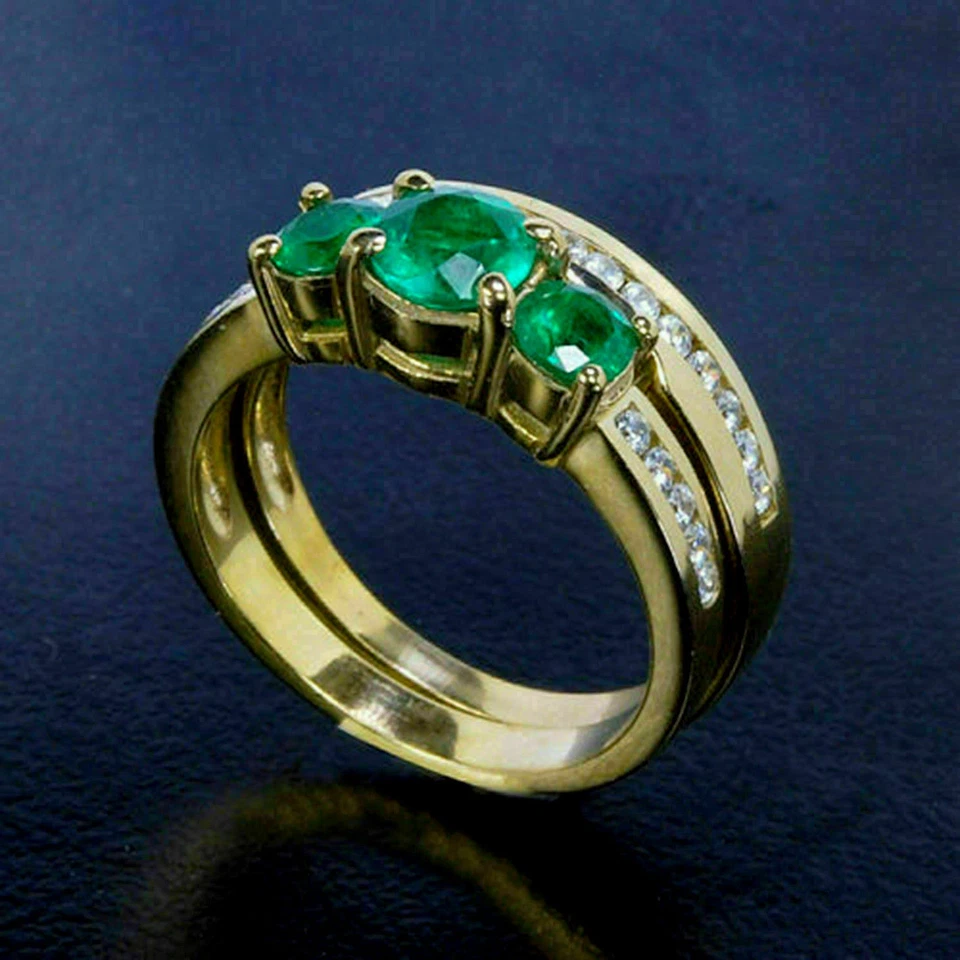 Комплект круглых имитируемых свадебных колец из трех изумрудов 3,0 карата серебро 925 позолота - Изображение 4 из 4