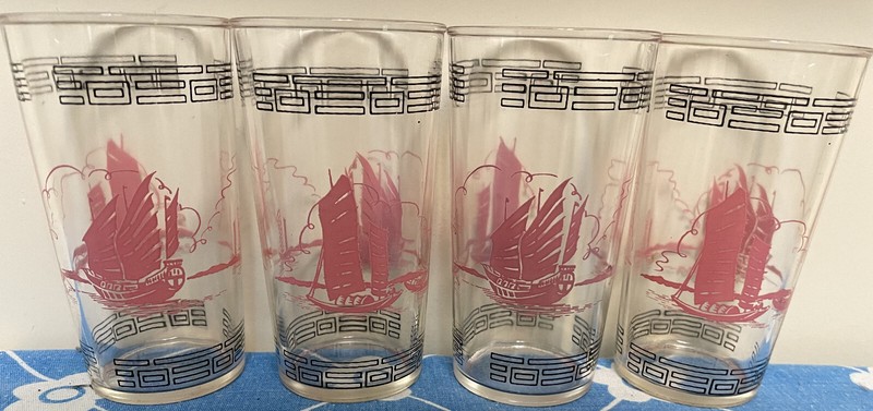 4 Hazel Atlas Monticello glasses tumblers pink ship schooner,MINT