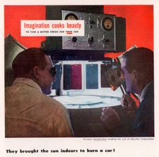 1947 g Chrysler Corp Engineer Burn Car Sun Indoors Automobile Print Ad