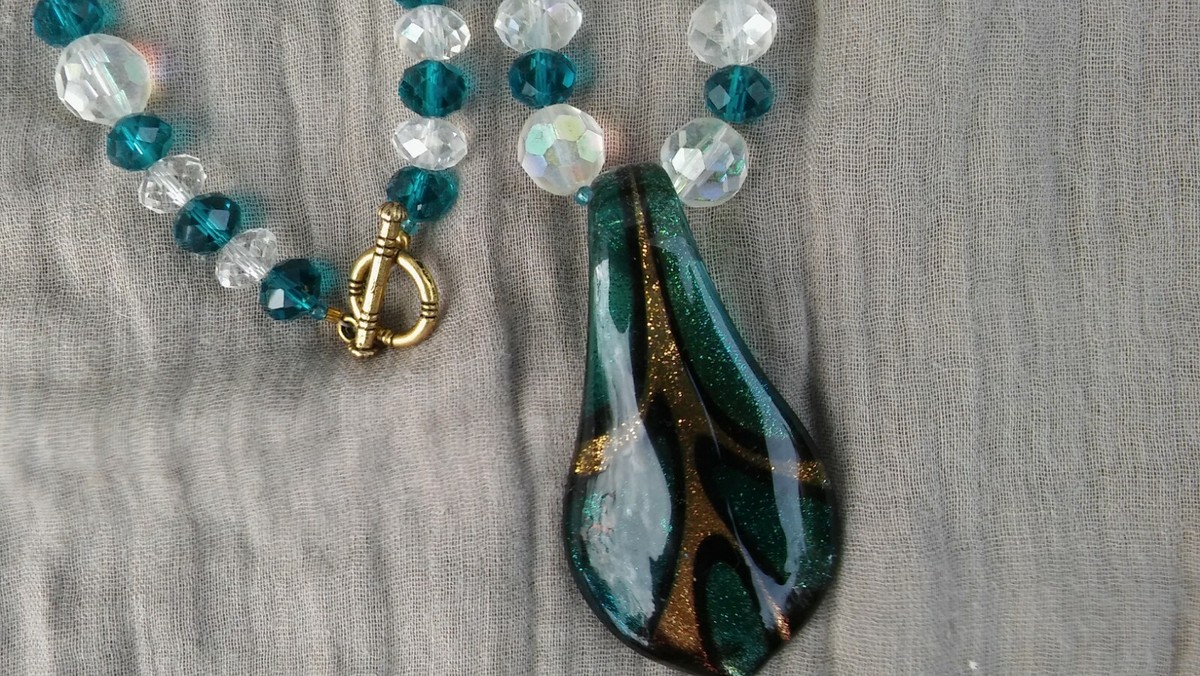 Collier Sautoir Vintage Imitation Turquoise - Bijou Ancien Occasion