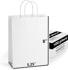 100 Pack White Kraft Paper Bags w/Handles 5.25x3.25x8 Retail Gift Shopping Bags