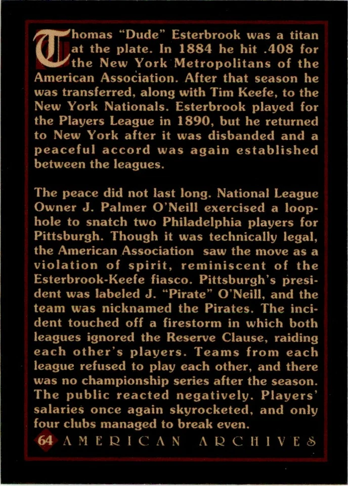 1994 ORIGINS OF BASEBALL - #64 TOM ESTERBROOK - Image 2 of 2