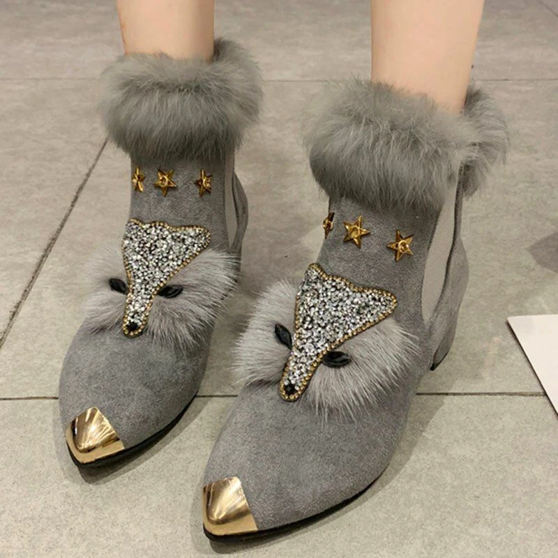 Crystal Fox Fur Boots Women Metal Pointed Toe Boots Warm Plush