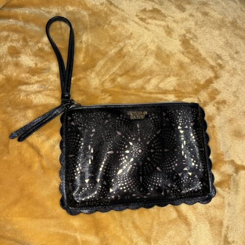 Sac à main pochette poignet Victoria's Secret noir/métallique zippé top étui maquillage sac - Photo 1/7
