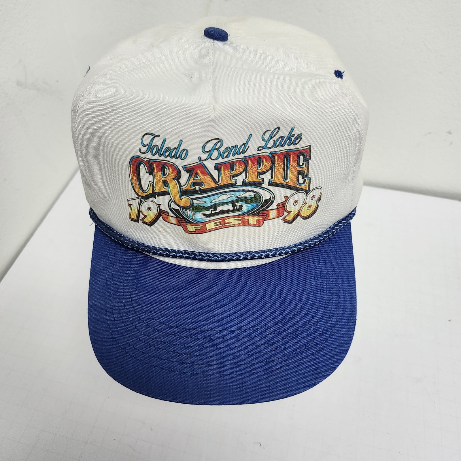 Vintage 1998 Blue White Foam Mesh Snapback Trucker Captain Hat for Men