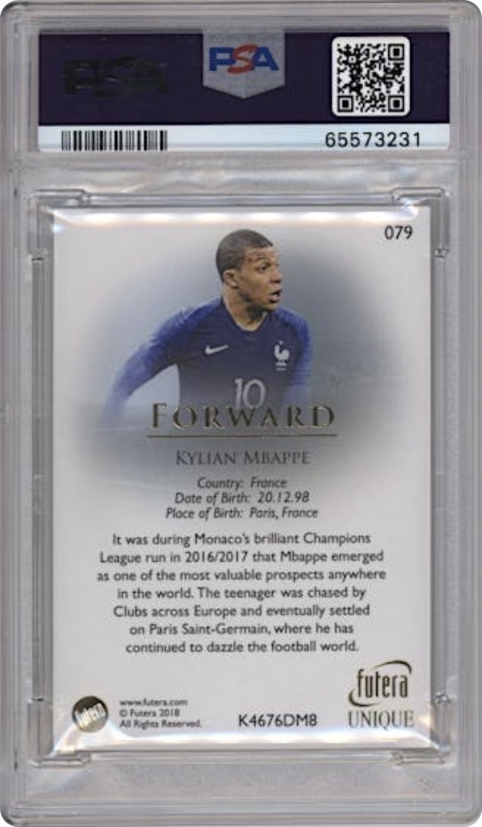 KYLIAN MBAPPE ROOKIE 2018 FUTERA UNIQUE #79 INTERNATIONAL DEBUT PSA 10 MINT RC view 2