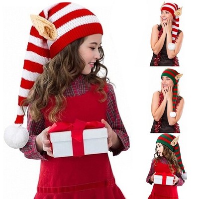 1 Pcs Christmas Knitted Elf Hat w/Ears Crochet Long Stripe Pompom Xmas Elf Hats