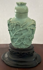 VINTAGE CHINESE TURQUOISE COLORED STONE?CERAMIC?CARVED SNUFF BOTTLE BIRDS STAND