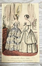 1850 Lithographie Art Print Colord Gravure sur acier Femme Mode Antique Original