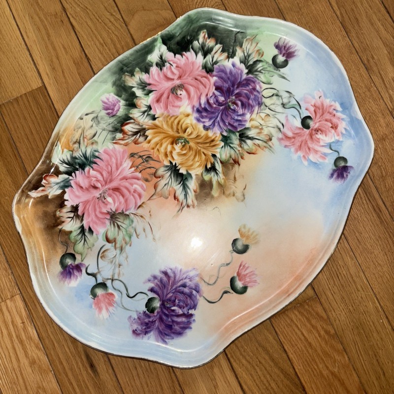 Antique Limoge France  Porcelain Hand painted Large Vanity Tray Laura Feder Mums