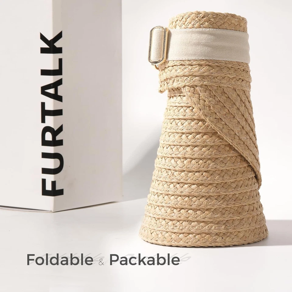 FURTALK Sun Visor Hats for Women Wide Brim Straw Visors One Size, Khaki  - Image 4 of 4