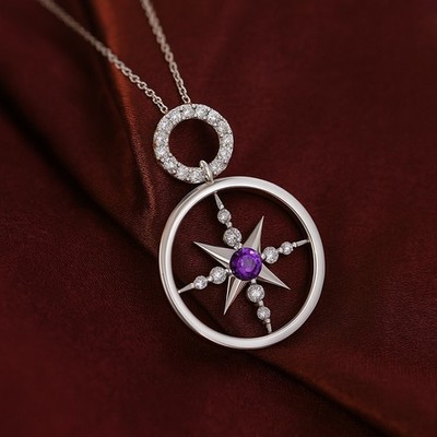 Amethyst & Diamond Compass Pendant Sterling Silver Necklace February Birth #1038