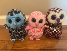 TY Beanie Boo Owls Lot Of 3 - Checks, Yago, Pinky Plush