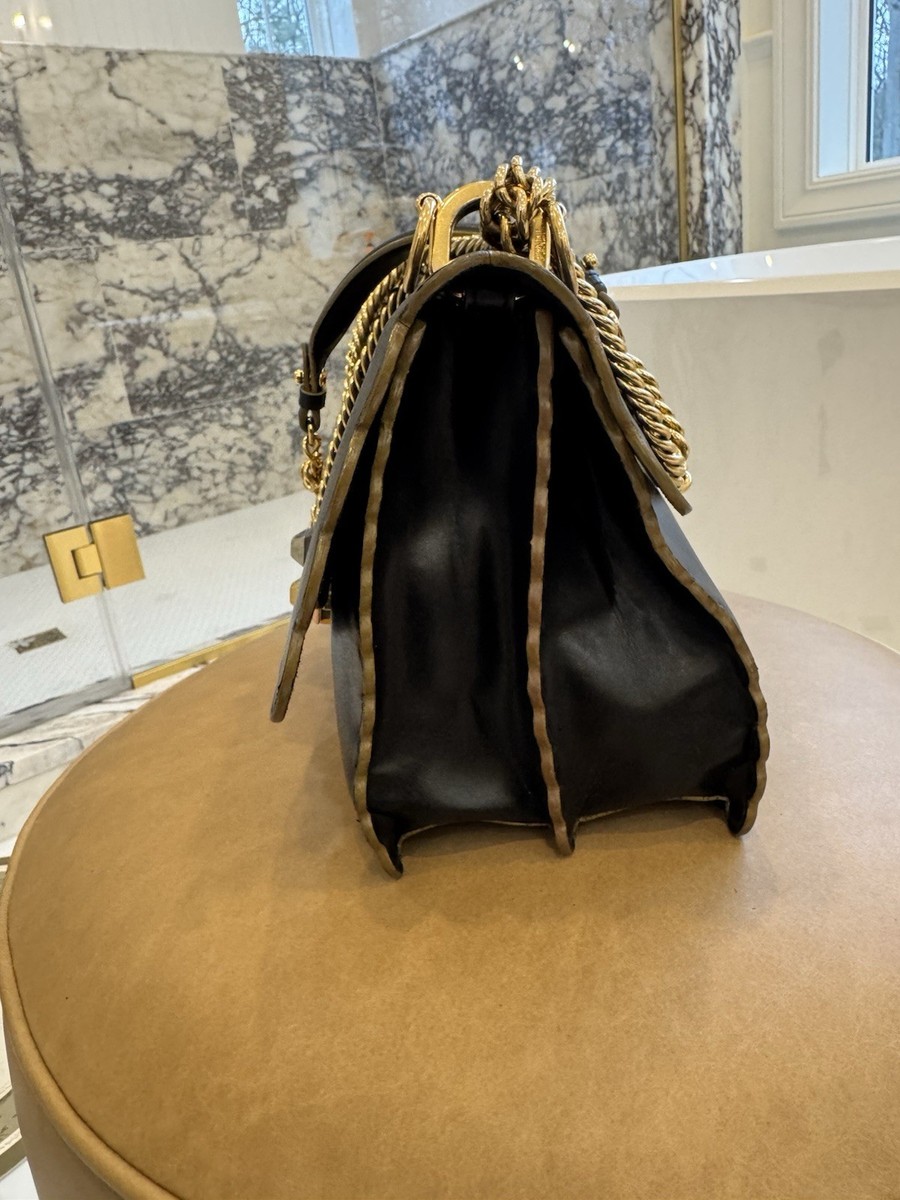 Fendi Kan Black Authentic Scalloped Shoulder Bag Gold Chain with