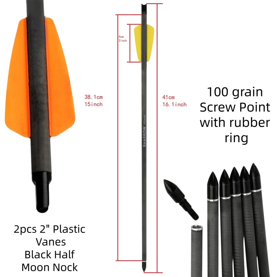 15" Pure Carbon Arrows Crossbow Bolts 2" Vanes Screw In Point Bow Hunting Target - Image 4 of 4
