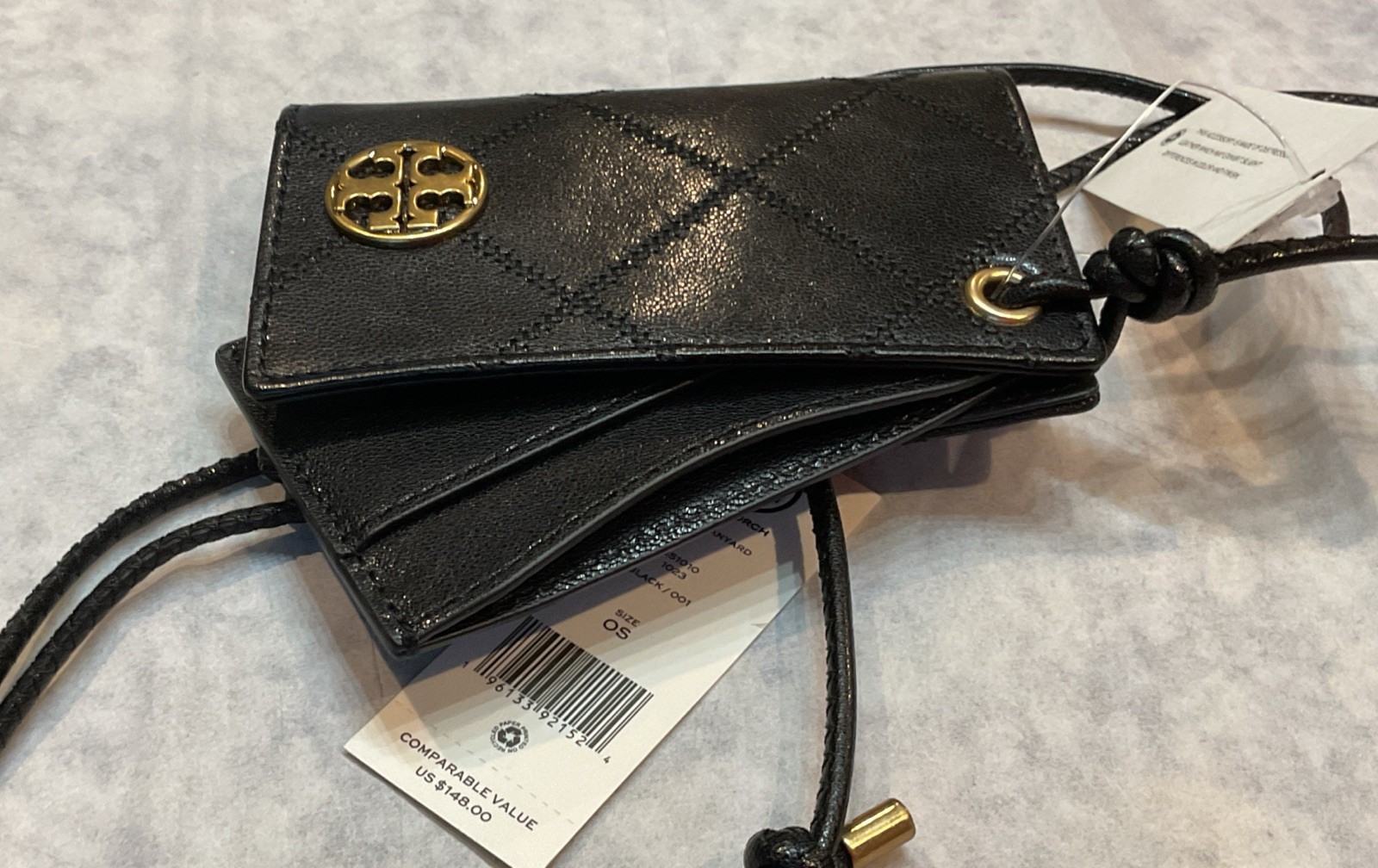 TORY BURCH Willa Lanyard Card Case in black quilted leather 151010 MSRP $148 NWT