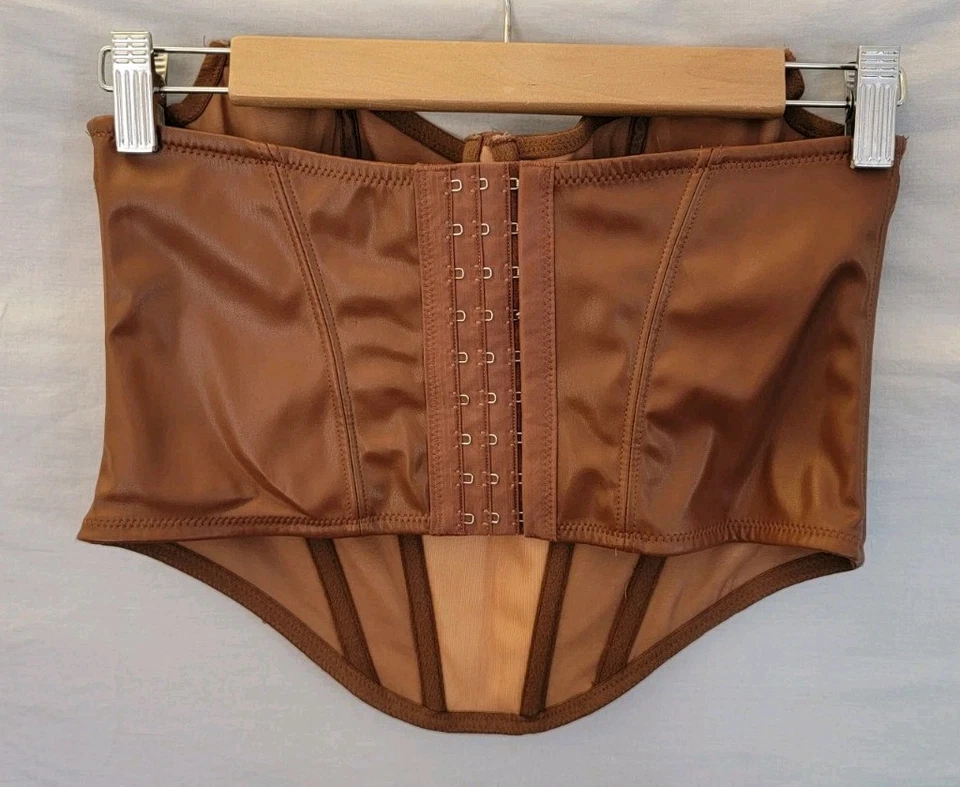 Womens Brown Faux Leather Corset Sz M 28in Overbust Bustier Kitty Fairy Festival - Image 4 of 4