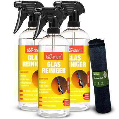 bio-chem Glasreiniger Fensterreiniger für streifenfreien Glanz 3x 750 ml + Tuch