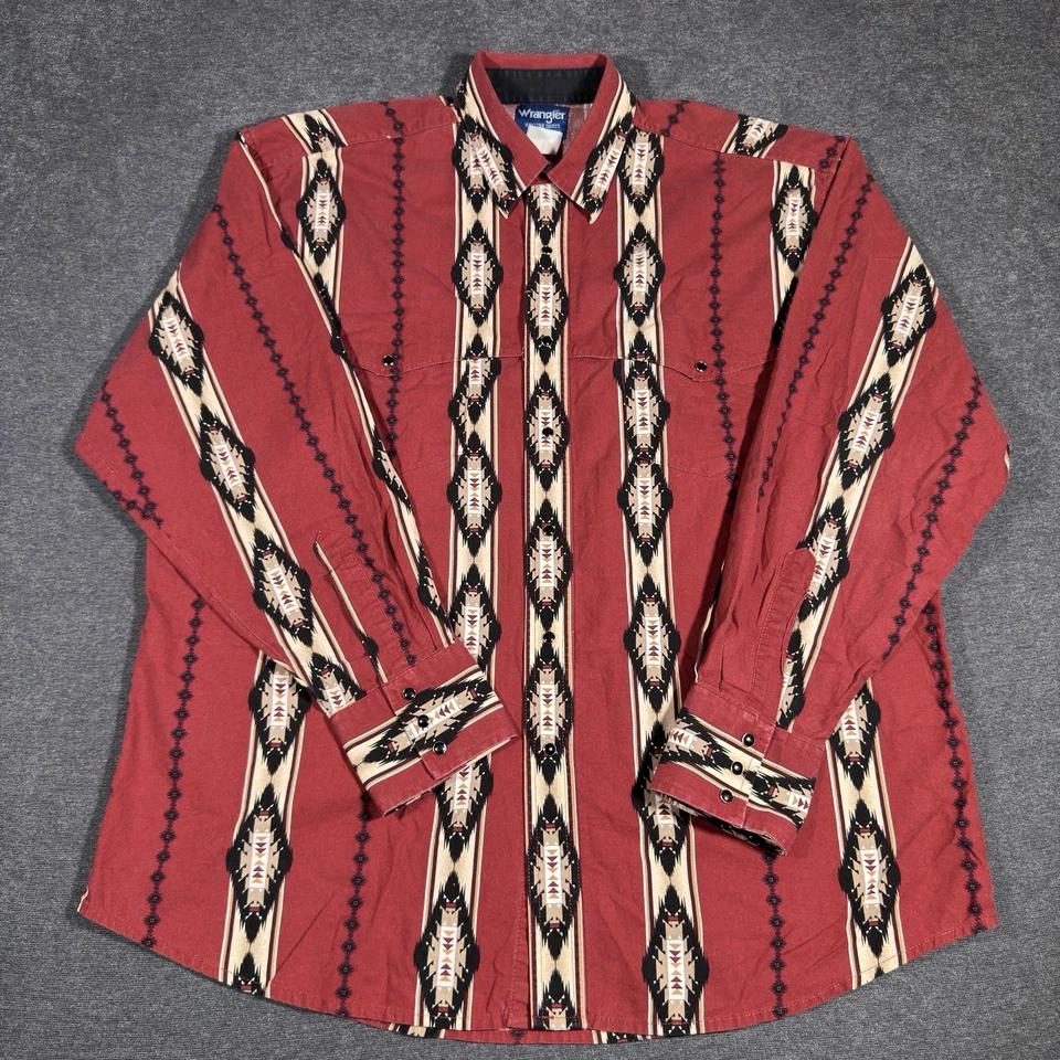 Vintage Wrangler Western Shirt Pearl Snap Mens Large Southwestern Aztec Red - Image 2 of 4
