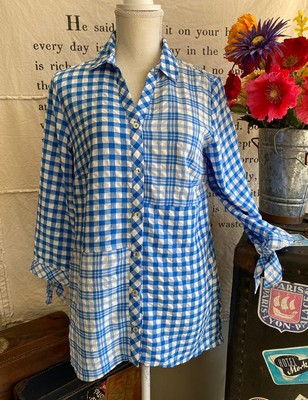 Susan Graver Yarn Dyed Gingham Button Front Shirt Blue New