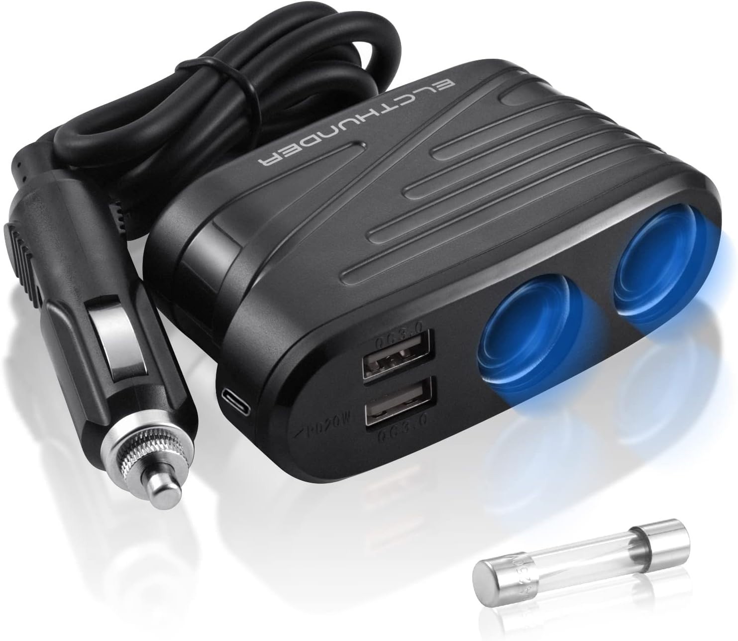 Quick Charge 3.0 Car Cigarette Lighter Splitter, 2 Sockets, 20W PD Type-C