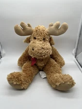 Pier 1 Imports Light Brown Stuffed Moose Plush Red Ribbon Neck Bow 17”