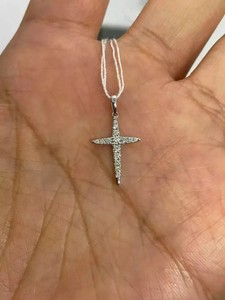 Authentic Round Cut Lab Created Diamond 1.00Ct Small Cross Pendant 14K White Gold Plated