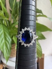 925 Sterling Silver Blue Oval Sapphire Halo Cocktail Ring Size Q1/2