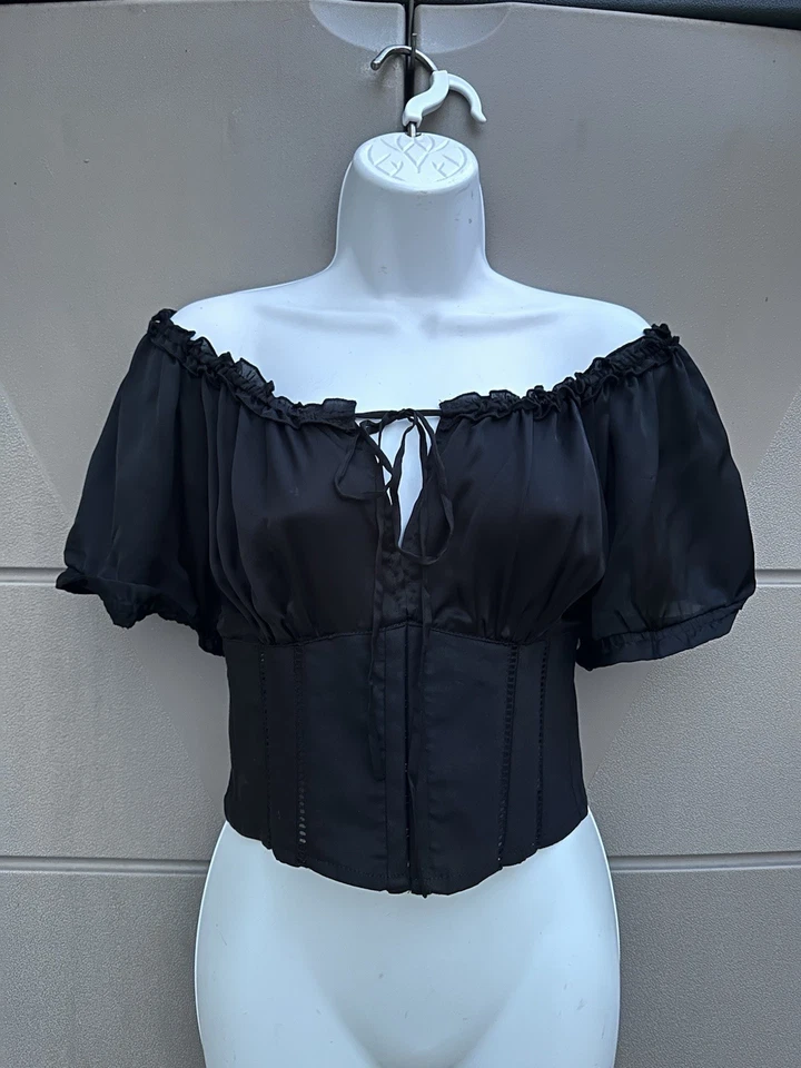 Corsé Bebe Negro Seda Lino Top Fuera del Hombro Y2K Lechera Coqueta Talla 4 Foto 2 de 4
