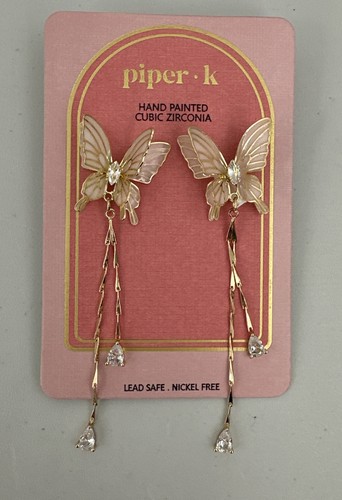 Pendientes colgantes Piper K rosa y oro mariposa pintados a mano circonita cúbica - Imagen 1 de 8