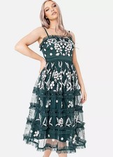 Maya Deluxe Floral Embroidery Cami Midi Dress in Dark Green  (fmn9-13)