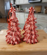 Vtg 2 Peppermint Candy Christmas Tree Ornaments. Twisted Ribbon.red/ White