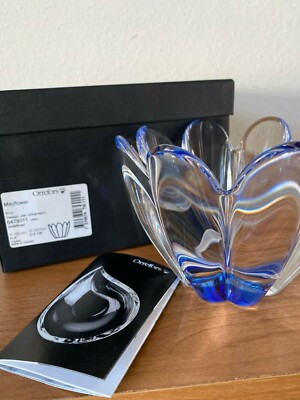 ORREFORS CRYSTAL CORONA  BOWL VASE 5 1/4'' diam x 4'' ht,  DECOR GIFT, CLEAR/ BLUE