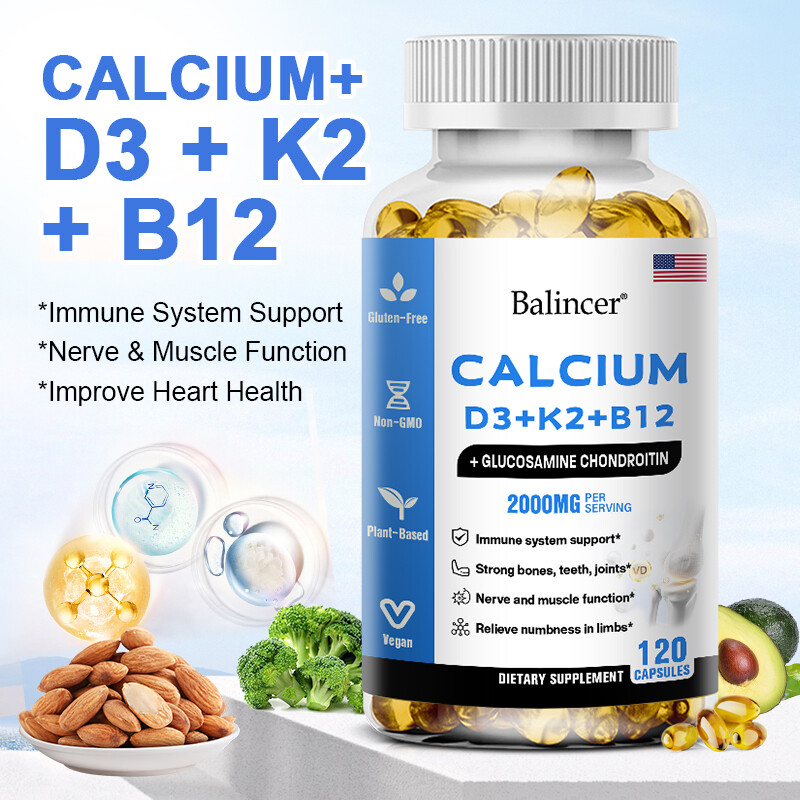 Cápsulas veganas de calcio con vitamina D3 + vitaminas premium K2 + B12 para soporte óseo