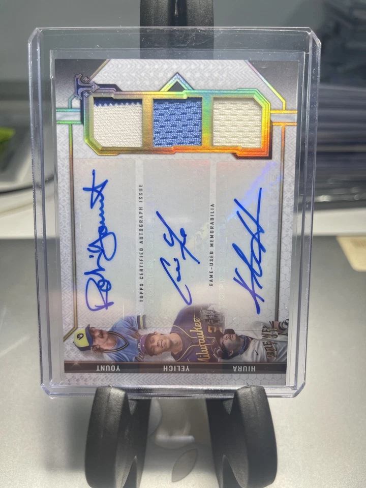 2021 Topps Triple Threads Yount Yelich Hiura triple patch Auto game worn mem /36 - Image 2 of 3