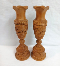 Vintage Set of 2 Wooden Hand Carved 7" Vases Elephant, Lion  Antelope India