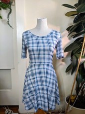 fit and flare retro vintage polyester spandex dress blue and cream plaid checks 