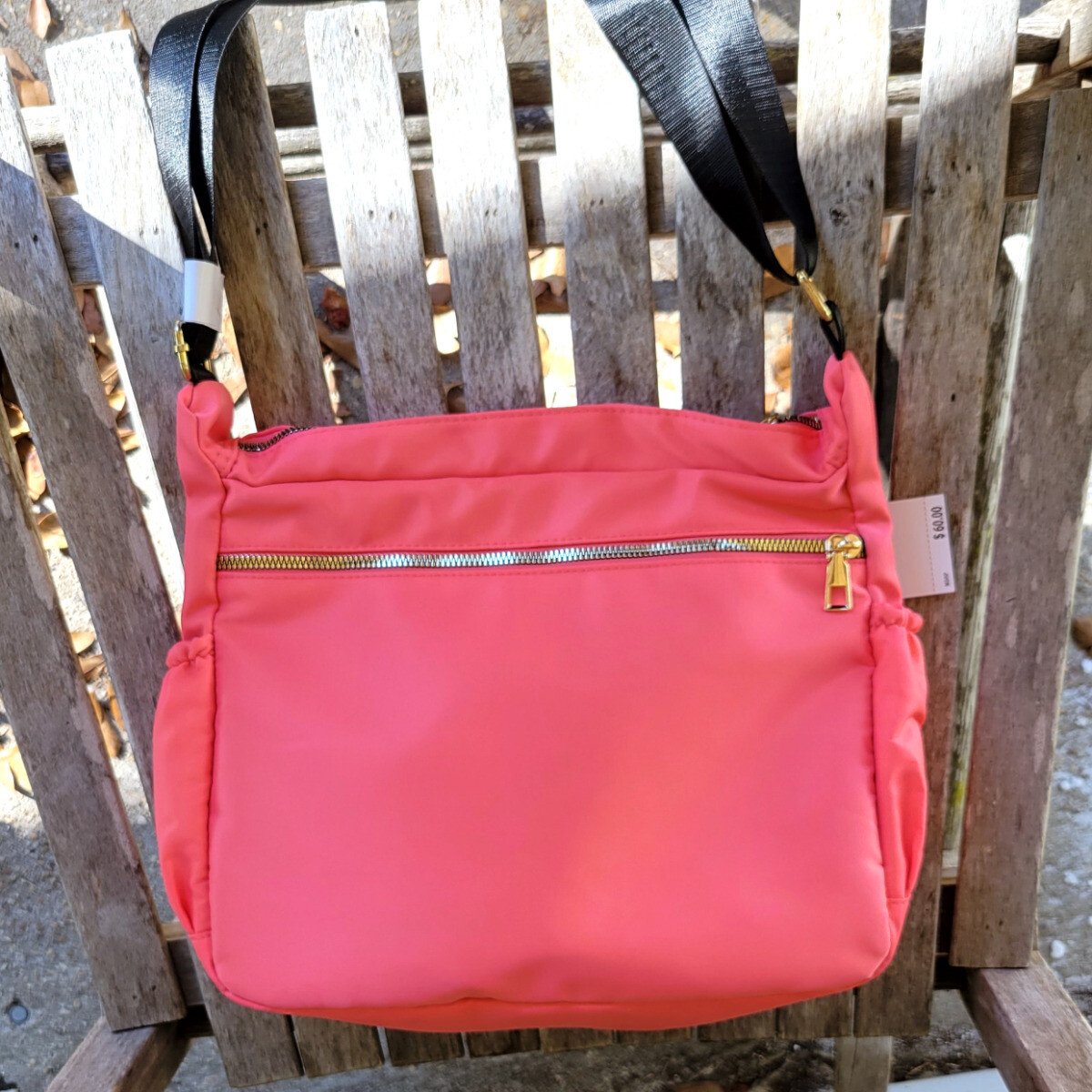 ◆LEE◆ Nylon check shoulder bag coral Akiko La Belleza Handbag with Front Lucky Cat Pocket