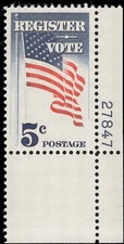 Scott # 1249 - Register & Vote With Plate Number - Single Stamp - MNH - 1964