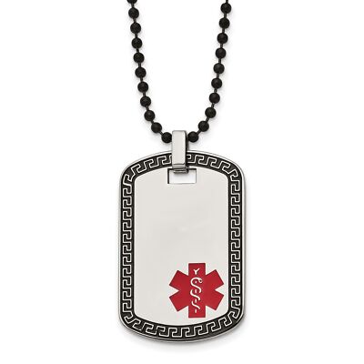 Stainless Steel Dog Tag Greek Key Edge Medical Necklace