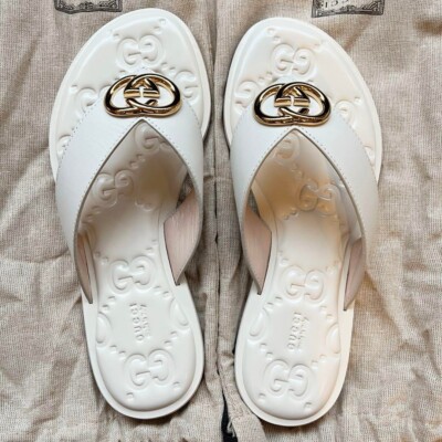 GUCCI GG Interlocking Logo Thong Sandals Mules Shoes Women Size EU 35 White  24AW